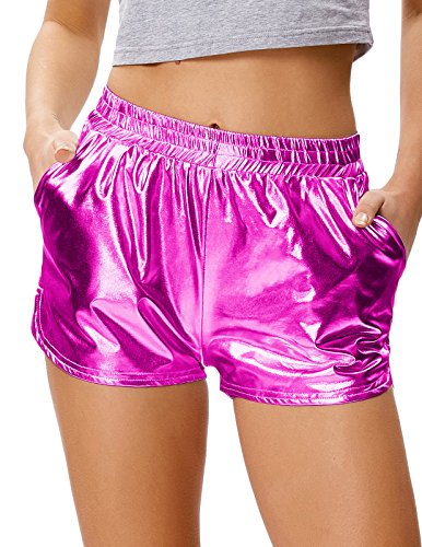 Kate Kasin Women's Yoga Hot Shorts Shiny Metallic Pants with Elastic Waist Red