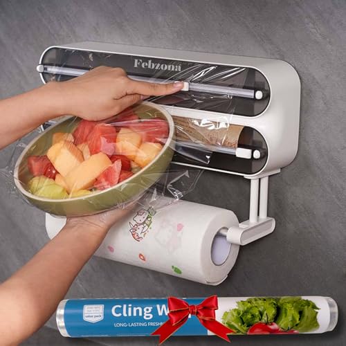 Image of Foil Paper Cutter and Holder Kitchen Wrap Dispenser Aluminum Foil, Plastic Cling Film & Baking Paper Holder with Slide Cutter Wall or Counter Mounted 3 in 1 Magnetic Tissue Roll Organizer