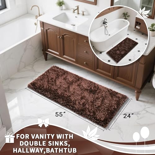 Image of Yimobra Long Bathroom Rugs Runner 55x24 Inch, Extra Thick Soft Absorbent Chenille Bath Mat, Non Slip Machine Washable, Quick Dry Bath Rugs for Bathroom Floor, Tub and Shower, Brown