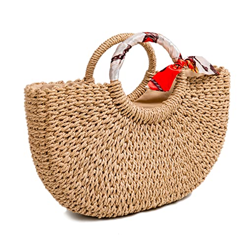 FARVALUE Summer Women‘s Beach Straw Bag Handwoven Straw Tote Casual Handbag with Silk Ribbon