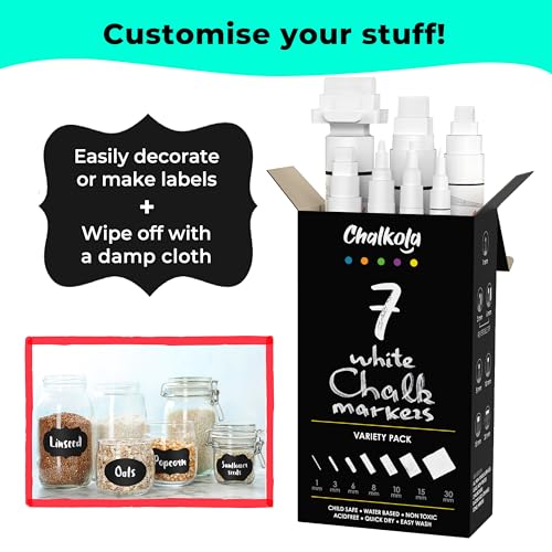7 White Chalk Markers for Chalkboard Signs, Blackboard, Car Window, Bistro, Glass | 7 Variety Pack - Thin, Fine Tip, Bold & Jumbo Size Erasable Liquid Chalk Pens (1mm, 3mm, 6mm, 8mm, 10mm, 15mm, 30mm) - Thumbnail 3