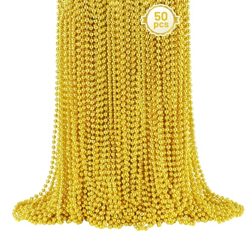 SHAOQINLIN 50 PCS Gold Bead Necklace Gold Mardi Gras Christmas Beads Necklaces 33 Metallic Beaded Costume Necklaces Party Necklaces for Mardi Gras Parade Throws Wedding Birthday Pirate Party Favors