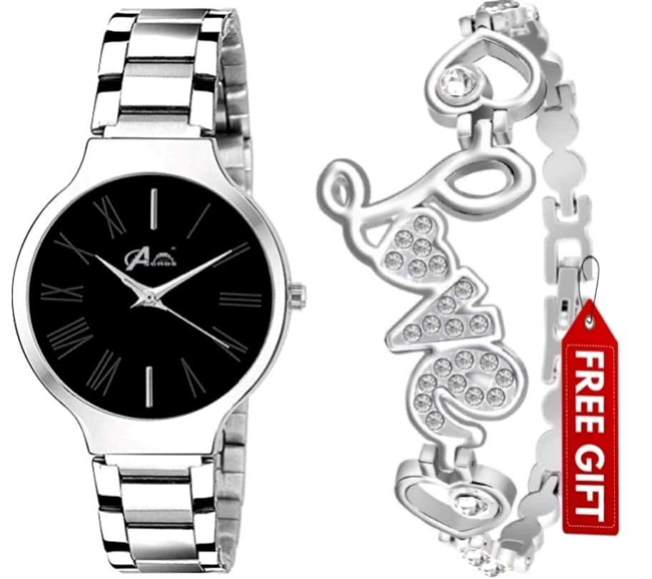 Acnos® Premium Brand – Branded Watch 4 Dial Black-Blue-Pink-White Stainless Steel Silver Band Wathces with Love Diamond Silver braclet and Watch for Women Watch for Girls