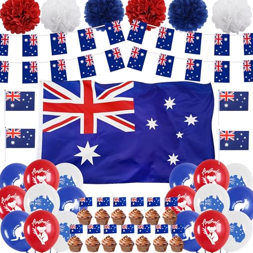 Flerramao Australian Party Decorations Set - Australia Flag Banner Red Blue White Paper Pom Poms Balloons Cupcake Topper for Australia Day Decor