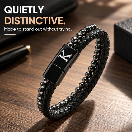 Initial Bracelet for Men, Black Hematite Beads & Braided Leather Bracelet - image 6