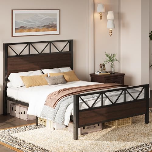 Image of LIKIMIO Queen Bed Frame, Tall Industrial Headboard 51.2 inch, Platform Bed Frame with Strong Metal Support, Solid and Stable, Noise Free, No Box Spring Needed, Easy Assembly, Dark Brown