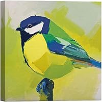 SIGNWIN Canvas Wall Art Cute Yellow, Black, Green Eurasian Blue Tit in Gray and White Background Birds Oil Painting Minimalism Modern Colorful for Living Room, Bedroom, Office - 12x12 inches