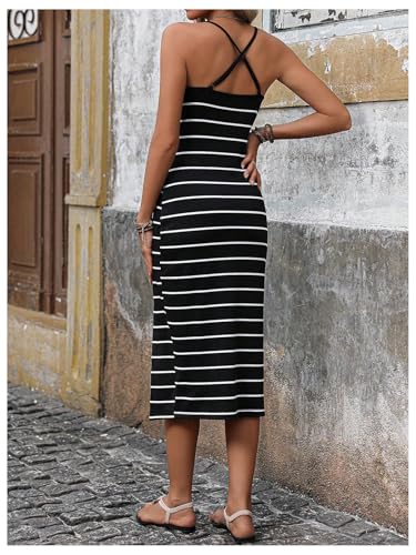Image of GORGLITTER Women's Striped Sleeveless Cami Dress Crisscross Back Scoop Neck Midi Dresses with Slit