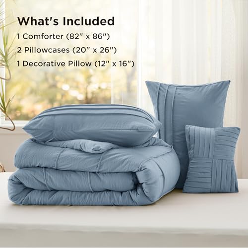 Image of Bedsure Full Comforter Set - 4 Pieces Pinch Pleat Bed Set, Light Blue Boho Bedding for All Season, 1 Soft Comforter, 2 Pillowcases, 1 Decorative Pillow