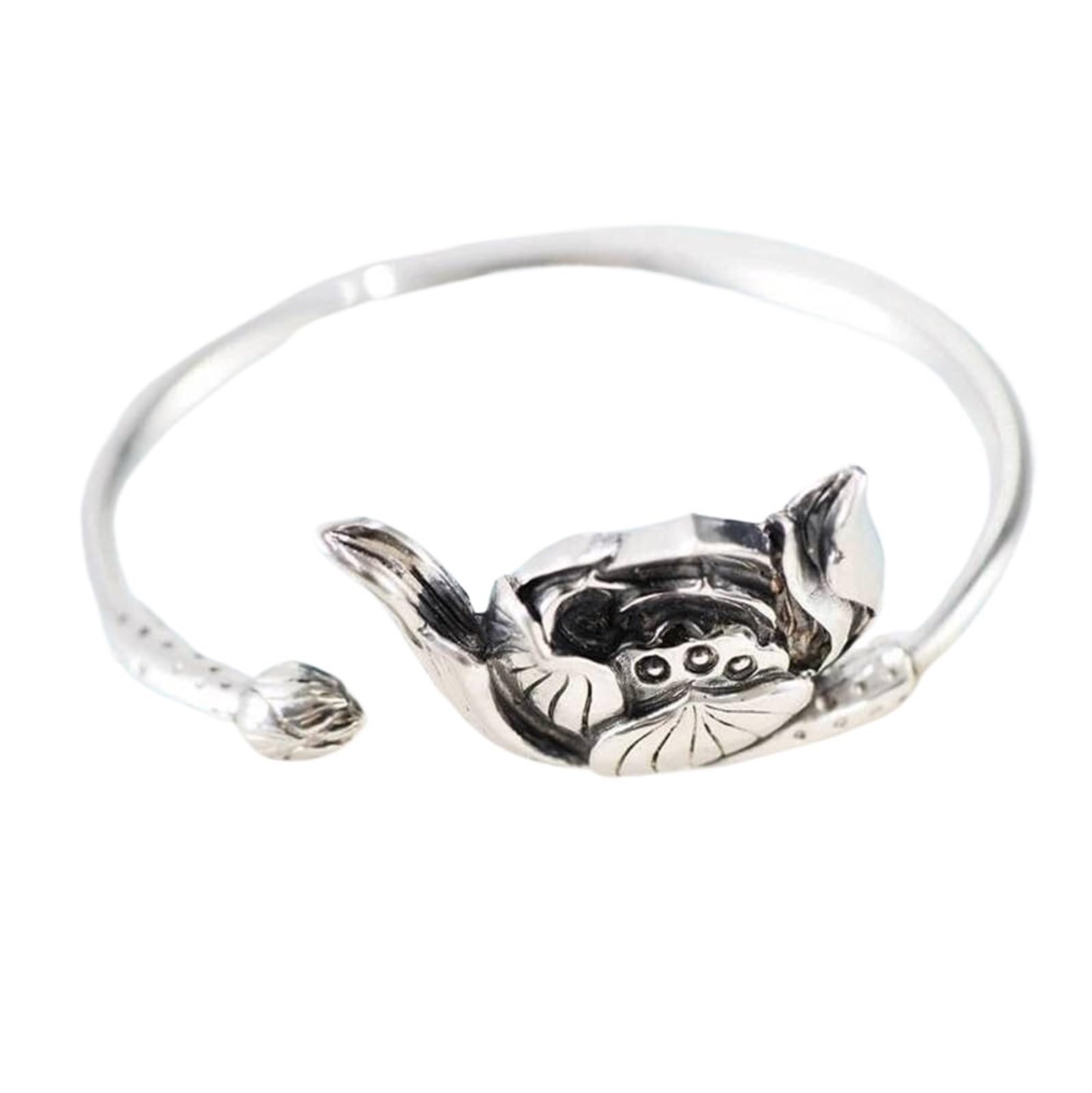 Bracciale in argento, bracciale rigido alla moda, bracciale rigido in argento vintage S990 in stile cinese Bracciale in argento tailandese in stile etnico Buddha us Bracciale aperto con boccioli di fi