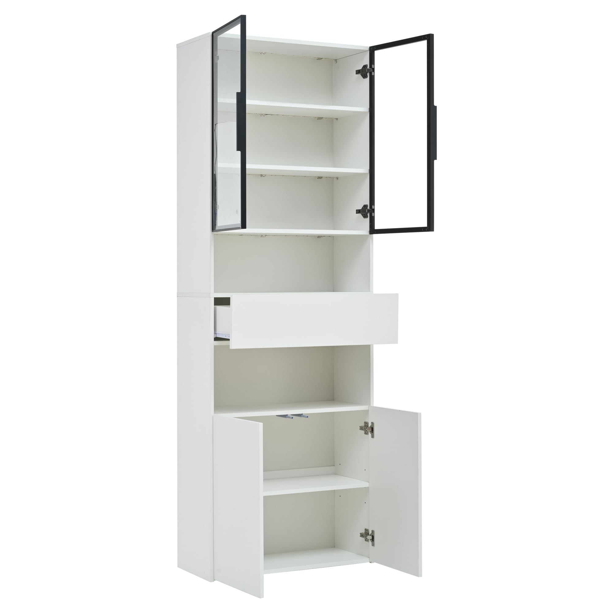 Vitrina de 70 x 30 x 200 cm, con cajones y armarios, armario alto con plataforma de almacenamiento abierta, estantería para libros, vitrina de pie, color blanco