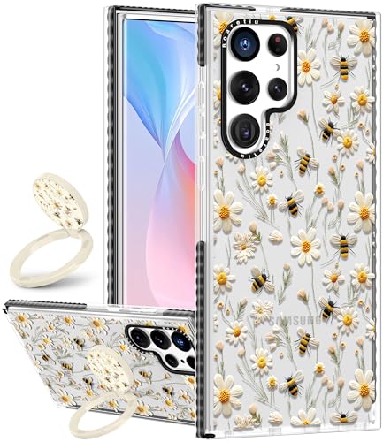 Boaretiu Cute Kawaii Case for Samsung Galaxy S24Ultra Phone Case with Kickstand - Fashion 360° Sticky Rotate Ring Holder Design for Women Girls Girly for Samsung Galaxy S24Ultra Case, Flower Honey