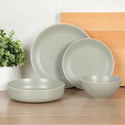Image of Gibson Home Dinah Double Bowl Stoneware Embossed Speckled Dinnerware Set - Sage Green, Service for Four (16pcs)
