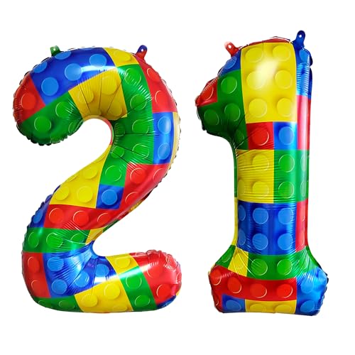 Image of 32 Inch Building Block Number 21 Balloons birthday Block Themed Large Big Helium Foil Mylar Balloon for Girls Boys Birthday Party Decoration Supplies