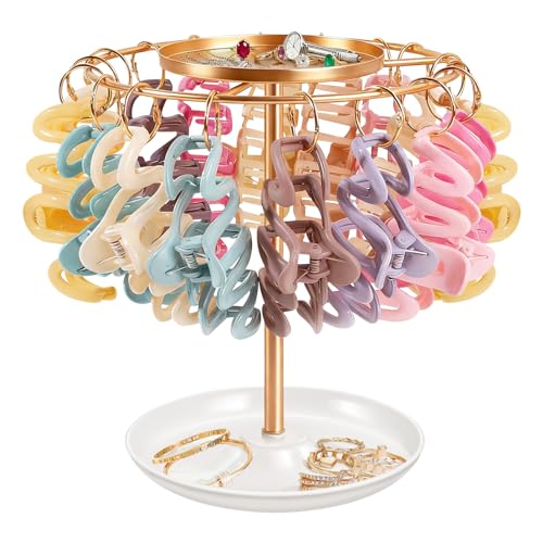 SNOWSTAR Claw Clip Organizer Hair Clip Holder Stand with Tray Hair Clip Storage Display Rack with 20 Golden Rings Organizer Room Decor for Women and Girls