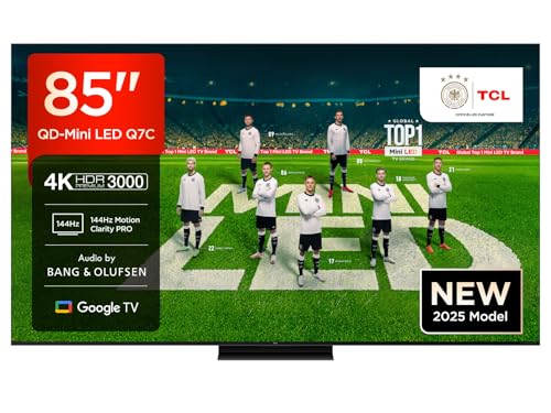 TCL 85Q7C QLED Mini LED Fernseher, 85 Zoll, 4K HDR Premium, Dolby Vision IQ & Atmos, Smart TV mit Google TV, Bang & Olufsen 6.2.2 Sound, 144Hz VRR, AMD FreeSync Premium Pro, HDMI 2.1, AirPlay 2