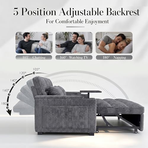 Image of Dreamzie 65'' Convertible Sleeper Sofa Bed with 90 Swivel Side Table, Pull Out Couch for Living Room, Loveseat Sleeper Couch with Hidden Storage Space | Charging Port | Cup Holders, Grey