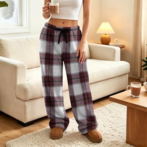 Women's Wide Leg Pants Elastic Waist Buffalo Plaid Flannel Fluffy Pant - image 3