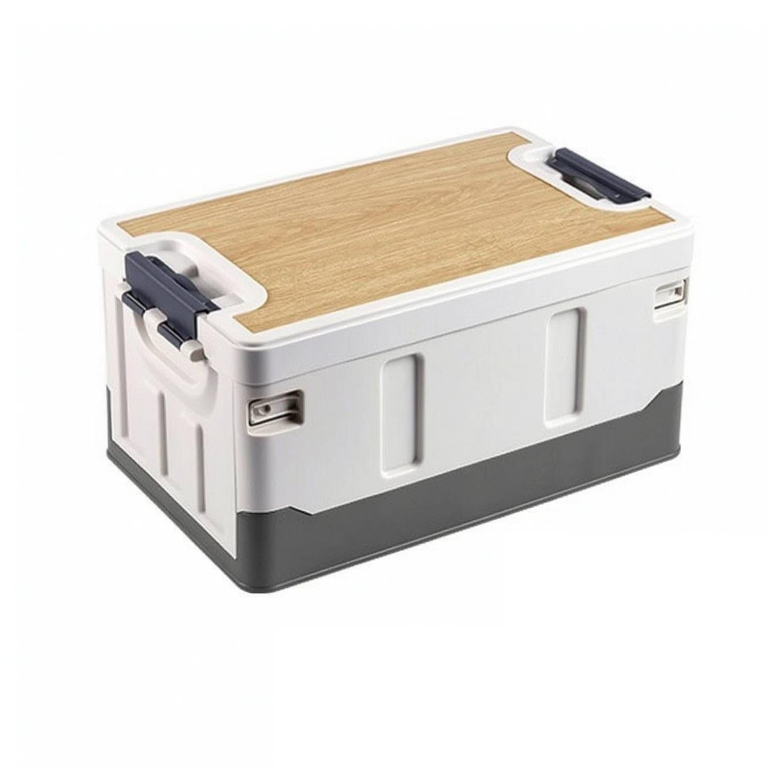 portable storage box with wood lid space-saving collapsible storage bin sturdy collapsible utility box durable for campers, camping, car trunk, picnic, white silver, 35l