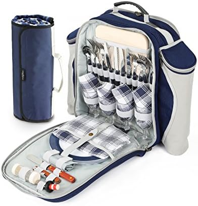 Greenfield Collection 4 Person Deluxe Picnic Set Rucksack With 1L Flask and Matching Picnic Blanket; Picnic Hamper Includes Cutlery Set; Perfect Waterproof Coolbag Backpack for Outdoors - Red