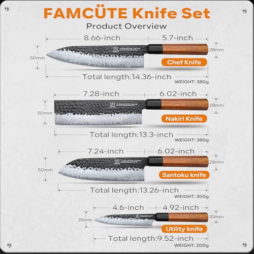 Image of FAMCUTE Japanese Knife Set with Block, Kitchen Knives Gift for Men & Women | Hand Forged 5-Layer 9CR18MOV Clad Steel Chef Knives with Rosewood Handles, Includes Chef, Santoku, Nakiri and Paring Knife