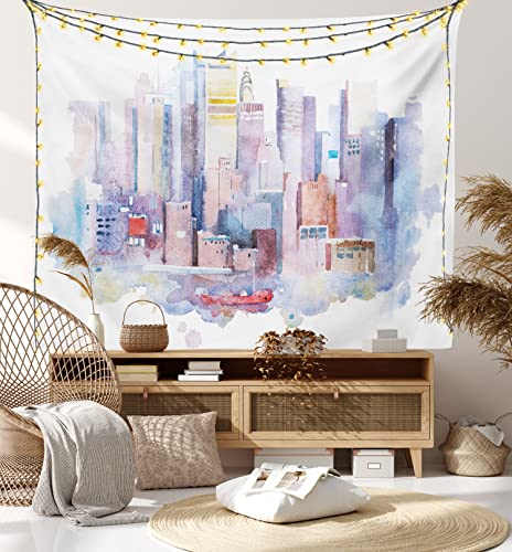 Ambesonne Cityscape Tapestry, Watercolor New York Manhattan View with Effects Picture, Wide Wall Hanging for Bedroom Living Room Dorm, 60  X 40 , Pale Pink Lilac Blue