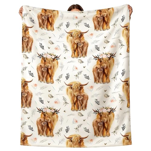 Highland Cow Print Blanket - Ultra Soft Cozy Fleece Plush Warm Flannel Bedding Blanket with Cute Scottish Cattle Design Warm Flannel Blankets for Couch Bed Travel Animal Cattle Gift 40x52inch