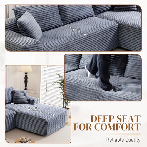 Image of 95 inch L Shaped Boneless Sectional Couches, Wide Armrest, Deep Seat, Memory Foam, Assembly Free, Modern Comfy Corduroy Fluffy Cloud Sofa with Right Chaise for Living Room, Small Spaces, Grey