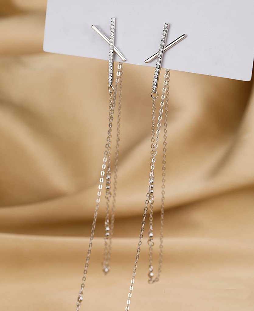 SLUYNZ 925 Argento sterling CZ Orecchini pendenti lunghi catena per donne ragazze adolescenti x orecchini lunghi nappa 5.9inch (placcato oro rosa C)