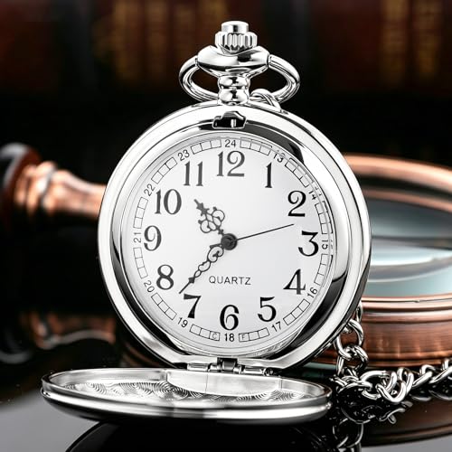 Image of Smooth Pocket Watch Alloy Steel Quartz Roman /Arabic Numerals with 37cm Chain for Father's Day Xmas Best Gifts