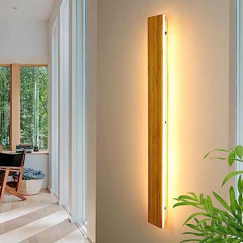 Luci da parete a LED per interni, lampada da parete lunga in legno di bambù, 3000 K, 35 W, illuminazione da parete moderna in bambù naturale, per camera da letto, soggiorno, corridoio, scale