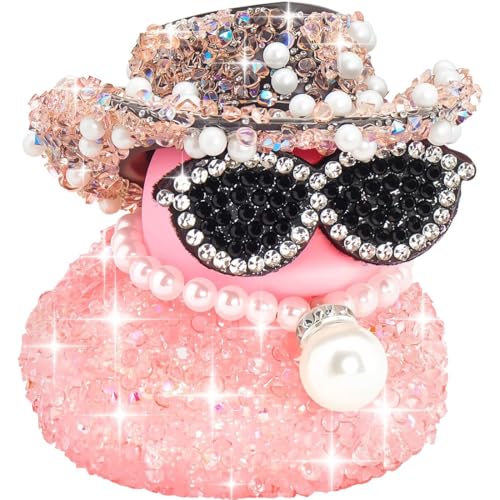 OIXEYA Décoration de voiture en caoutchouc avec strass, Canard en caoutchouc amusant, Mini canard avec chapeau de cowboy brillant, Collier et lunettes de soleil pour...