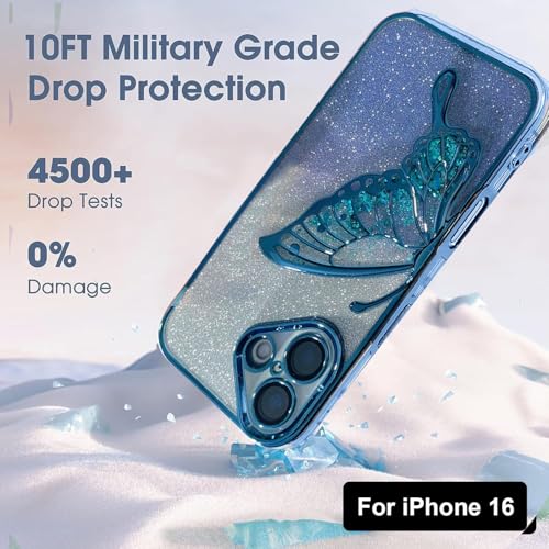 Image of mobistyle Designed for iPhone 16 Plus Cover with Glitter Cute Butterfly Electroplate Plating Design Back Cover Case for Women Teen Girls [ Silicone | Blue]