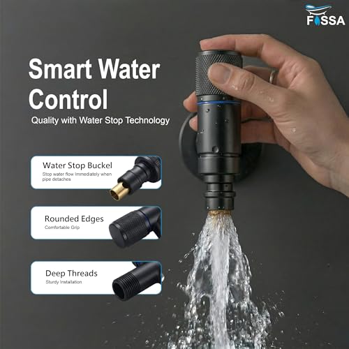 Image of Fossa Galaxy Washing Machine Faucet Stainless Steel - Wall Mounted Water Tap for Toilet, Dishwasher, Laundry | Space-Efficient Multi-Use Angle Cock with Easy Grip Control | Black (Matte Finish)