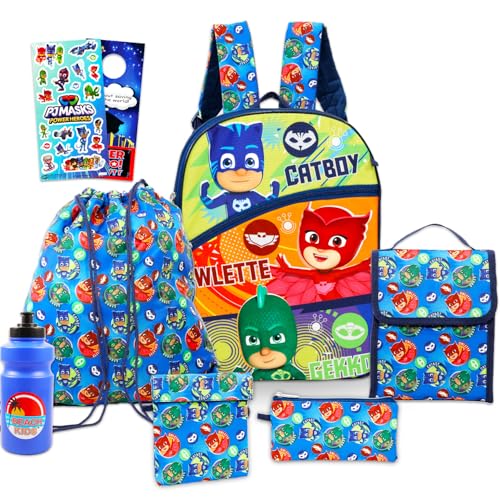 Image of Disney PJ Masks School Backpack with Lunch Box for Kids - 5 Pc Bundle with 16" Backpack, Cinch Bag, Lunch Bag, Pencil Holder, Stickers, More | PJ Masks School Bag Set