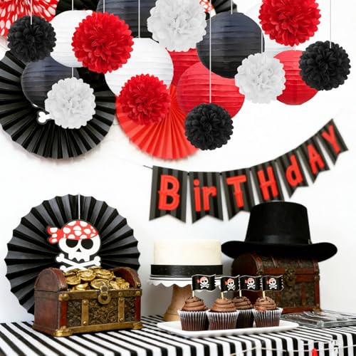Image of 18 PCS Black Red White Paper Lanterns & Tissue Paper Pom Poms for Birthday, Baby Shower, Wedding, Graduation 2026, Hanging Paper Decor for Fiesta Stranger Theme Party Supplies