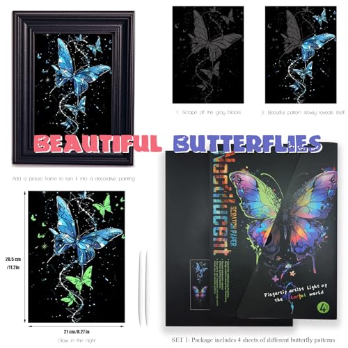 adult crafts glow in the dark scratch art rainbow painting paper 8 sheet with tools landscape scratchboard for teens amp adults fun creative craft toygiftsdecora4-noctilucent butterfly whale