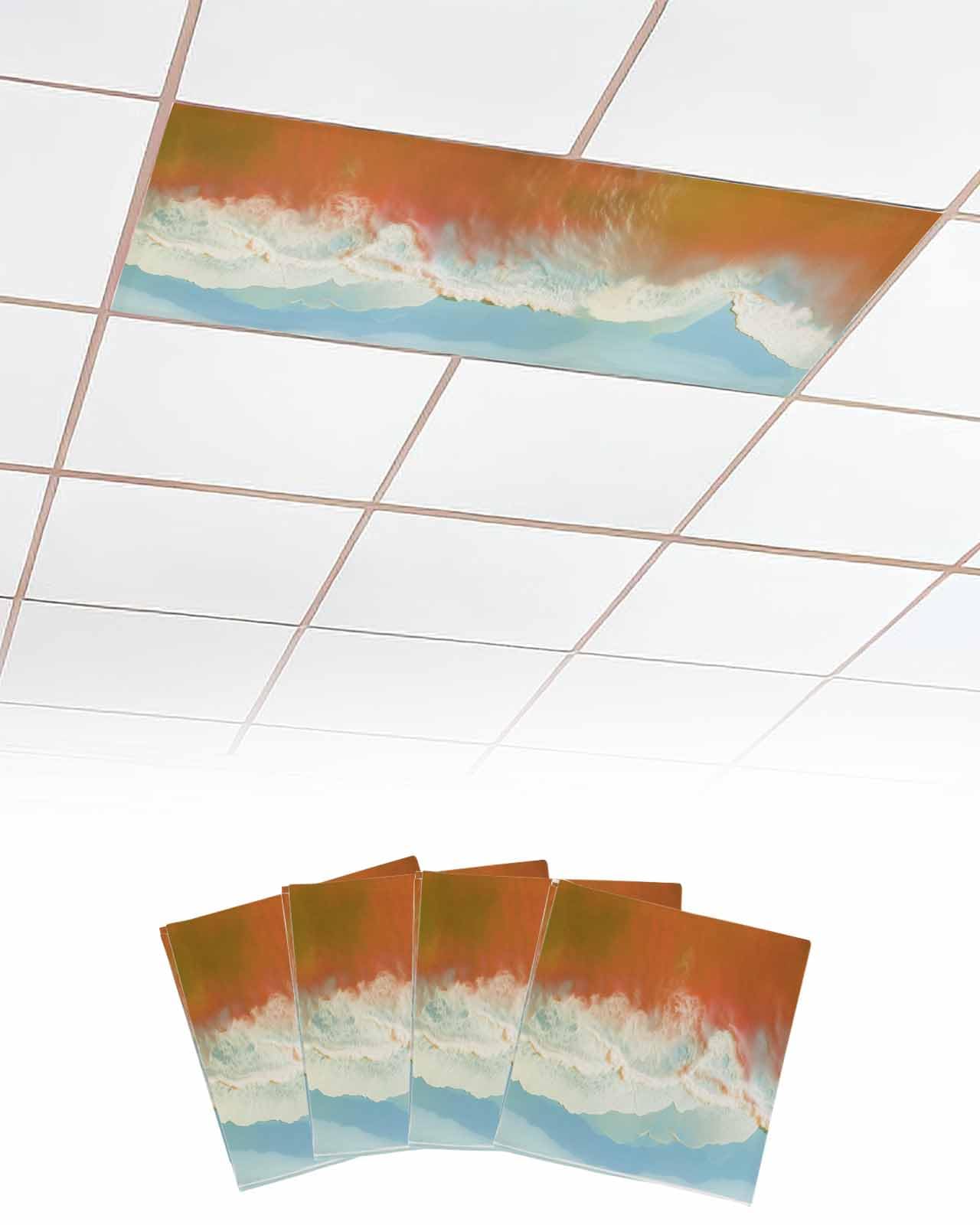 EwdeWwo Ocean 4 Pcs Fluorescent Light Covers for Ceiling Lights, Summer Orange Sea Beach Magnetic Light Filters for Eliminate Harsh Glare Classroom Office Decoration, 4 x 2 Ft