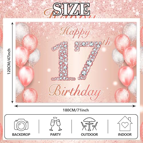 Image of Happy 17th Birthday Rose Gold Banner Cheers to 17 Years Old Backdrop Confetti Balloons Theme Decor for Girls 17 Years Old Pink Birthday Party Decorations Bday Supplies Background Favors Gift Glitter