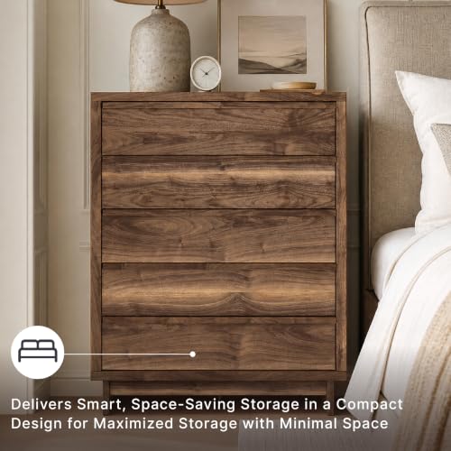 Image of Signature Design by Ashley Darcalli Casual 5-Drawer Wide Chest with Easy Glide and Safety Stop for Bedroom, Light Brown