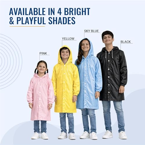 Image of Robustt Kids Eva Raincoat for Boys & Girls (8-16 Years) with Full Sleeves with Elastic Cuff | Unisex Hooded Kids Rain Coat with Drawstring | Reusable Raincoat with Snap Button Closure | Knee Length
