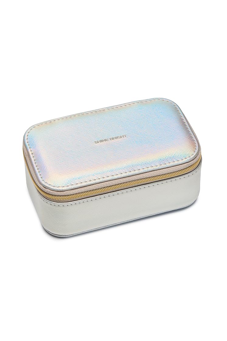 Estella Bartlett Women's Silver Iridescent Saffiano Mini Jewellery Box – Travel Jewellery Case For Compact Zip Storage Organiser For Rings, Earrings & Necklaces, Gift For Her