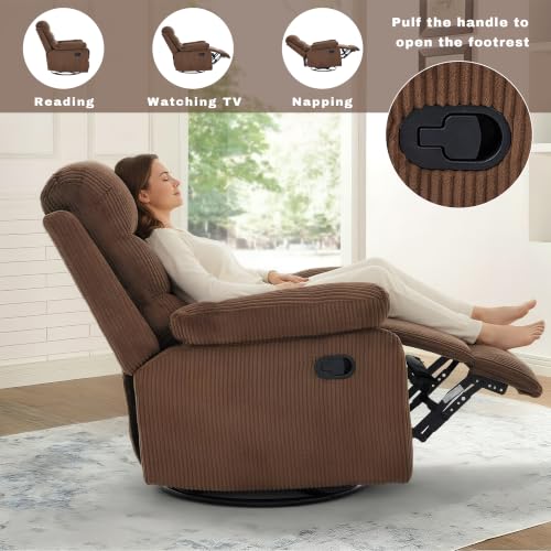 Image of Rocking Recliner Chair,Modern Swivel Glider Recliner Chair,Corduroy Fabric Upholstery Recliner,Manual Reclining Sofa Chair for Living Room,Office,Apartment (Brown)