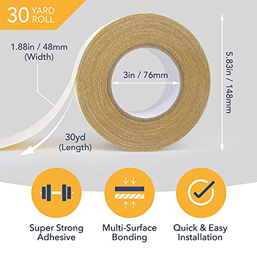 Double Sided Carpet Tape Heavy Duty for Area Rugs, Tile Floors [90ft/30 Yrd, 1.88 inch] Rug Gripper Tape with Strong Adhesive 2 Sided Stick for Concrete, Outdoors, Indoors, Laminate, Hardwood, Runners - Thumbnail 2