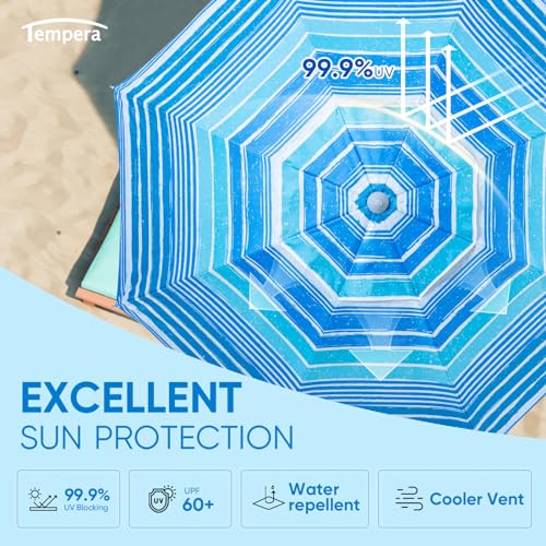 Image of Tempera Heavy Duty High Wind Beach Umbrella with Sand Anchor & Carry Bag | Patio Outdoor Umbrella with Aluminum Frame and Push Button Tilt, Ideal for Garden Lawn, UPF 60+