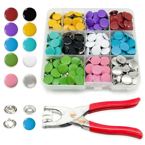 PIGORY Metal Snap Button Kit 10 Colors Solid Snaps for Fabric with Fastener Pliers Press Tool Kit 9.5mm Sewing Snaps for DIY Crafting Clothing(100Set)