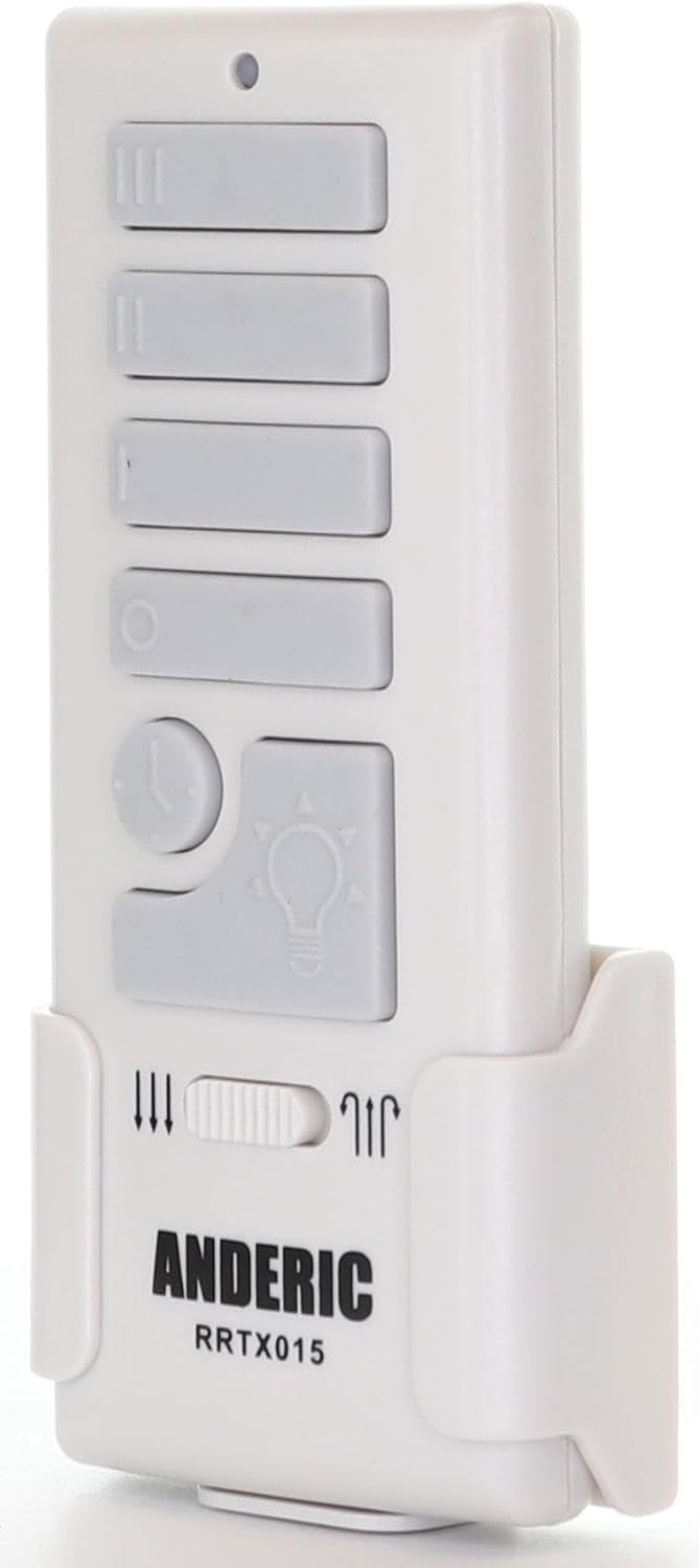 Side view of the Anderic RRTX015 remote control, showing its ergonomic shape and the wall mount bracket.