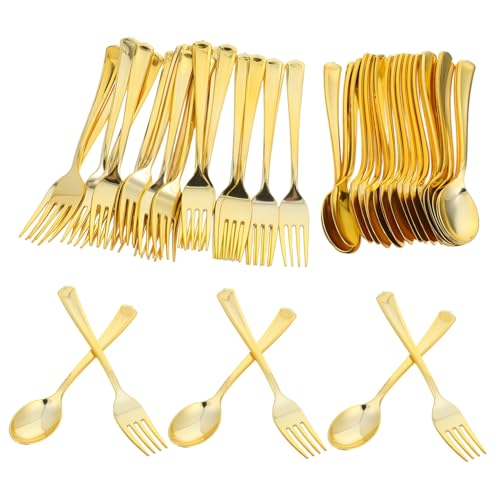 Ciieeo 120個ゴールド使い捨てカトラリー フォーク スプーン付き 感ある金