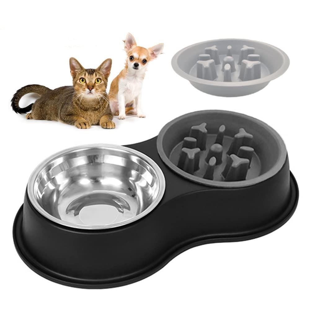 Masroo Dog Bowl Slow Feeder,4 in 1 Dog Food and Water Bowl with Stand Slow Down Eating Dog Puzzle Bowl Set with Non-Skid Silicone Mat for Small Medium Dogs