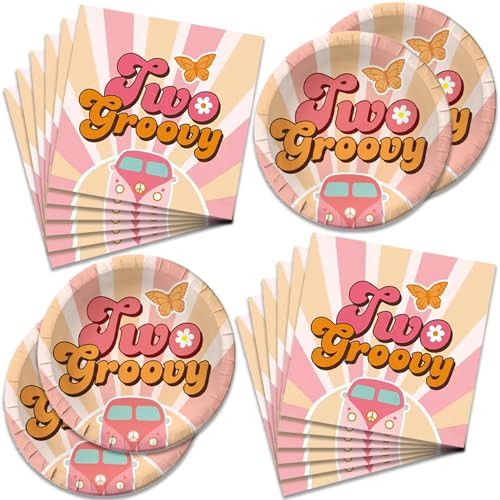 40PCS Two Groovy Boho Party Supplies Hippie Daisy Tableware Set - Perfect for Girl Retro Rainbow Party Decorations